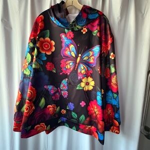 Women's Black & Floral Hoodie Long Sleeve Kangaroo Pocket Plus Size 5XL